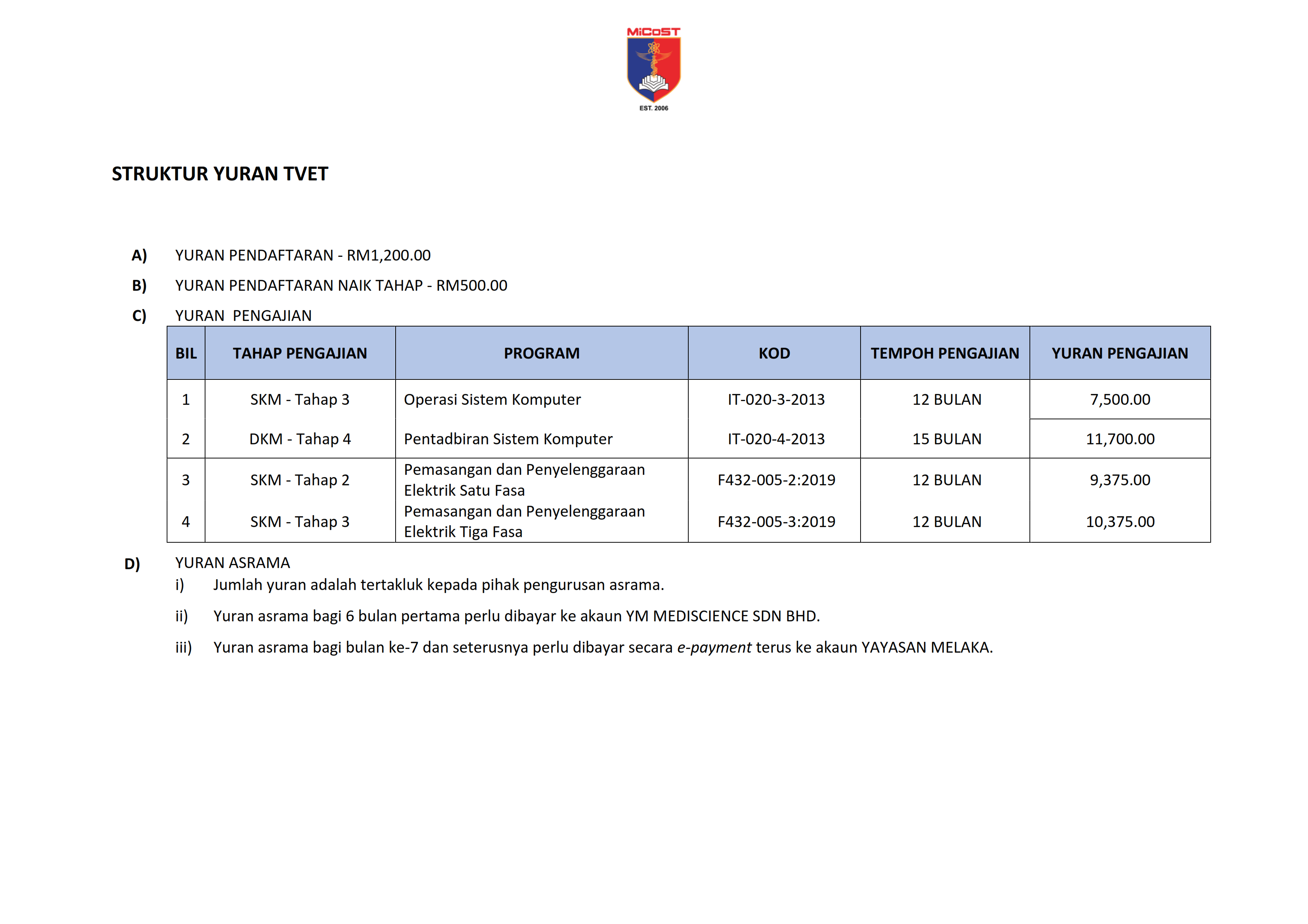 Struktur Yuran TVET MiCoSTSkills